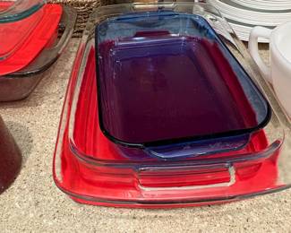 Pyrex Visions Amber/Brown Casserole Dish Set with Red and Blue Inserts