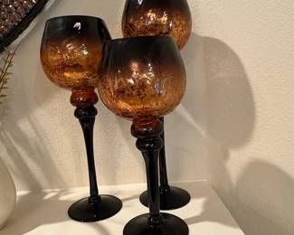 Set of 3 Amber and Black Ombre Crackle Glass Hurricane Candle Holders