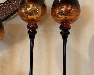 Amber Crackle Glass Pedestal Candle Holders with Black Stem
