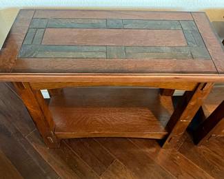 Mission Style Oak and Tile Wedge Side Tables (Pair)
