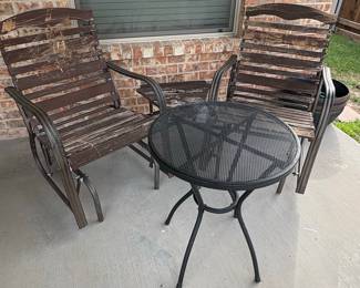 Wrought Iron Bistro Set with Distressed Wood Slats