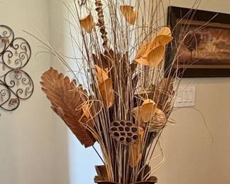 Embossed Floral Metal Floor Vase with Dried Floral Arrangement