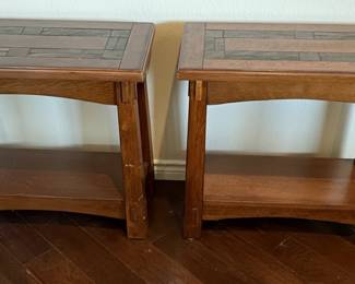 Mission Style Oak and Tile Wedge Side Tables (Pair)
