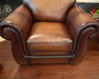 Haverty’s Leather Club Chair and Ottoman Set with Nailhead Trim
