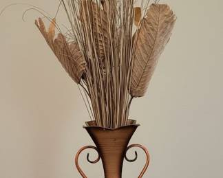 Large Decorative Metal Vase with Floral Relief and Dried Arrangement