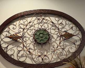 Oval Metal Scroll Wall Art with Green Glass Medallion