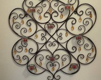 Wrought Iron Scroll Heart Wall Sconce with Amber Teardrop Accents