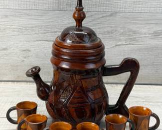 VINTAGE TURNED & CARVED WOOD TEA SET
