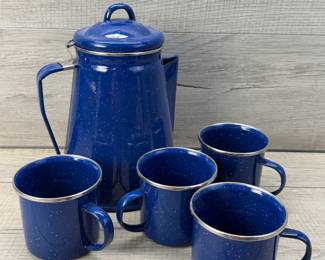 BLUE SPECKLE ENAMELWARE COFFEE POT & CUPS
