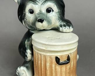 CERAMIC SALT & PEPPER SHAKER SET BEAR & TRASHCAN