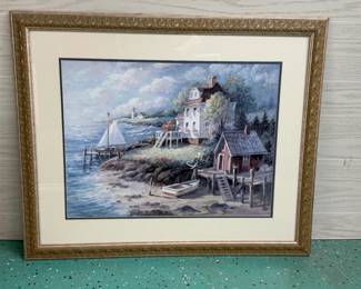 FRAMED PRINT OCEAN ART WITH LIGHT HOUSE BOAT HOUSE