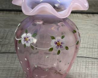 FENTON PINK OPALESCENT HAND PAINTED GLASS VASE