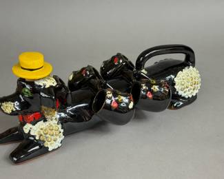 CERAMIC POODLE DECANTER WITH PUPPY FACE SHOT GLASSES