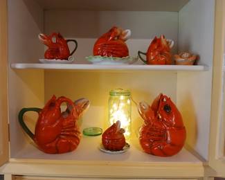 Royal Bayreuth Large milk pitcher and cookie jar. Creamer sugar bowls with plates. Blue and green mark