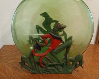 Cast iron frog fishbowl, original depression glass bowl(cracked but holds water!