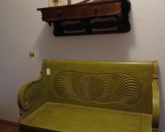 Quarter sewn hand carved bench with cool green panting. Neet old shelf, miniature bucks away. Probly salesman sample