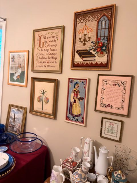 Framed needlepoint samplers and religious wall art collection