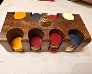 Antique wooden poker chip caddy with chips