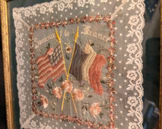 Antique WWI Souvenir de France framed silk embroidery, crossed US and French flags
