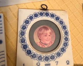 Vintage blue & white ceramic photo frame, dated 1979