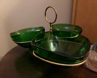 Mid-century green glass divided serving dish