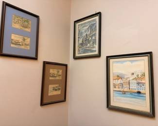 Framed watercolor and Mediterranean cityscape prints