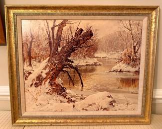Framed winter landscape oil painting in gilt frame