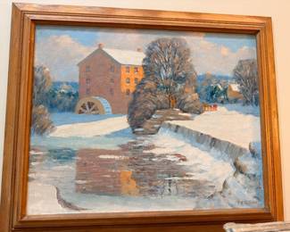 Framed oil painting of winter mill landscape