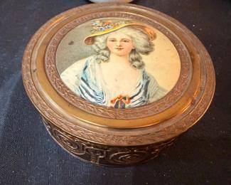 Antique brass trinket box with portrait miniature lid