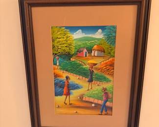 Framed Haitian Caribbean folk art village painting
