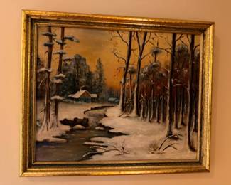 Antique winter cabin oil painting in gilt frame