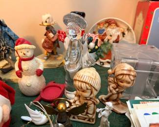 Christmas figurine collection: snowman, crystal angel, Precious Moments style