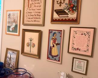 Framed needlepoint samplers and religious wall art collection