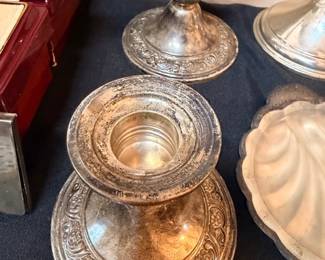 Ornate sterling silver repoussé vase and candleholder