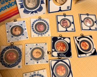 Vintage blue & white dated ceramic photo frame collection, 1970s