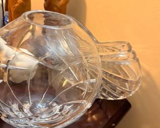 Cut crystal vase and carved wood folk figures
