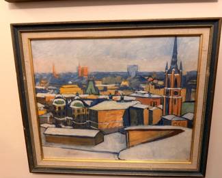 Framed European cityscape rooftop painting