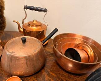 Vintage copper kettle, pot, and bowls