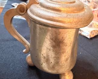 Antique pewter lidded tankard with ball feet