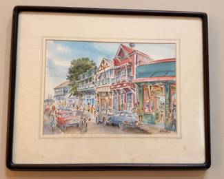 Framed watercolor street scene painting