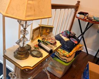 Antique sewing machine treadle base table with lamp
