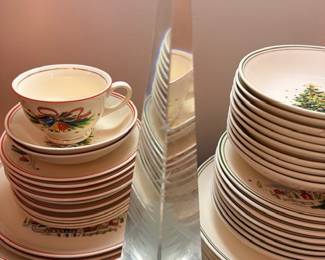 Lucite Christmas tree centerpiece with floral china teacup and stacked plates