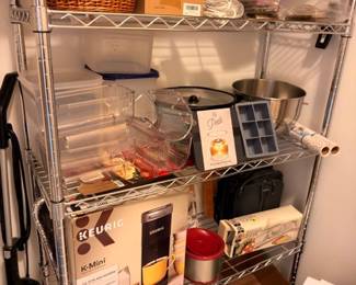 Wire kitchen shelf with Keurig K-Mini, storage containers, small appliances
