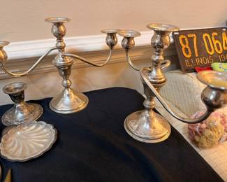 Pair of sterling silver three-arm candelabras