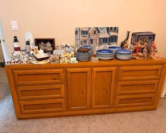 Wood sideboard with Christmas village display