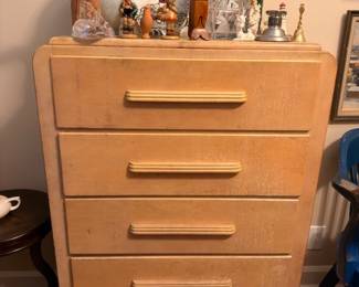 Mid-century modern blonde wood five-drawer dresser
