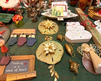 Christmas decor lot: gold poinsettias, teacher gifts, mittens, ornaments