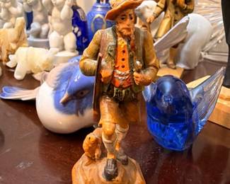 Carved wood folk art figurines and Lladró birds