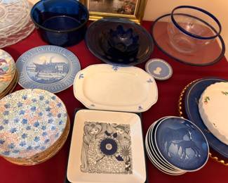 Bing & Grondahl Christmas plates and cobalt glassware
