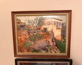 Framed Mediterranean village landscape painting